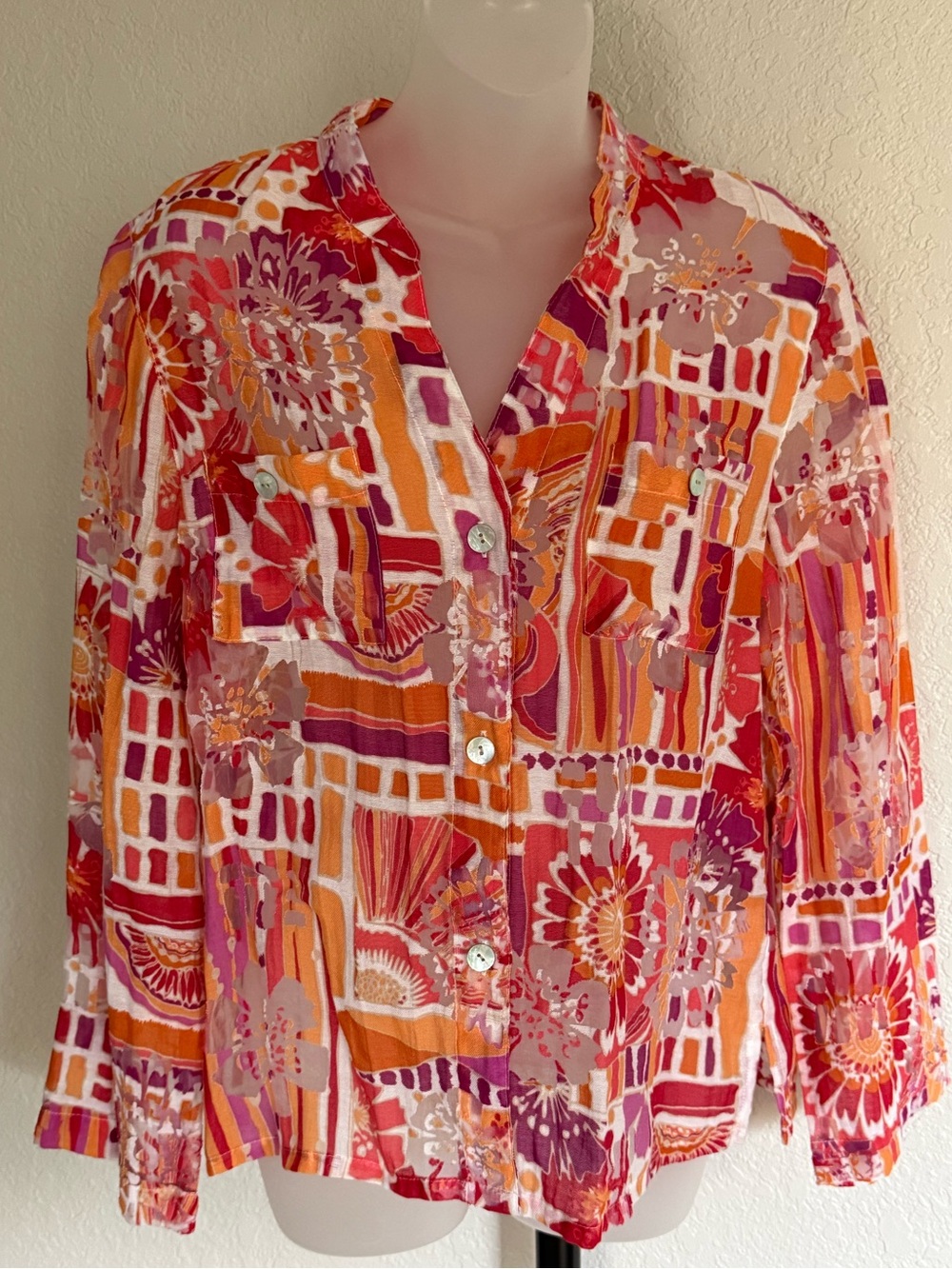 Ruby Rd. Size 10 Colorful Abstract Floral Button Front Blouse